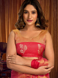 Pink Soft Tissue Contrast Border With Zhallar Saree With Blouse Piece