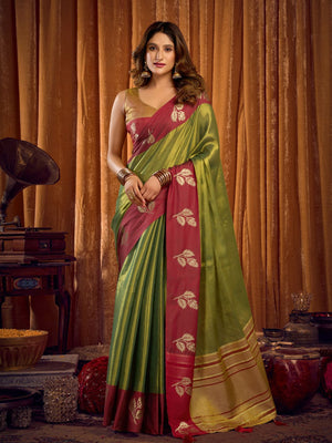 Green Soft Tissue Contrast Border With Zhallar Saree With Blouse Piece