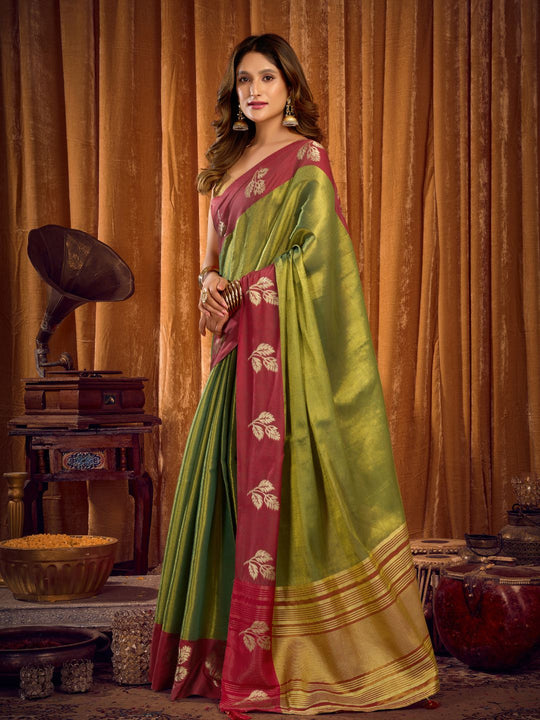 Green Soft Tissue Contrast Border With Zhallar Saree With Blouse Piece