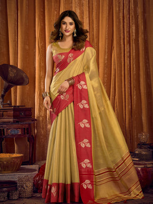 Light Gold Soft Tissue Contrast Border With Zhallar Saree With Blouse Piece