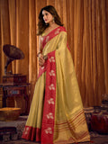 Light Gold Soft Tissue Contrast Border With Zhallar Saree With Blouse Piece