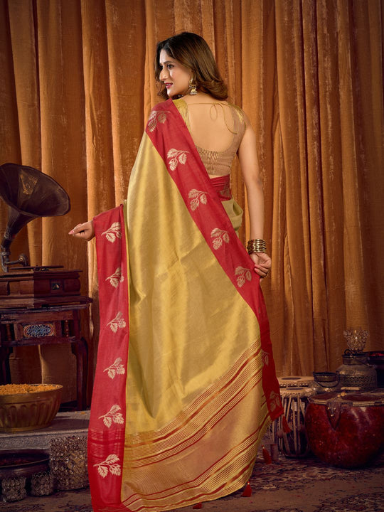 Light Gold Soft Tissue Contrast Border With Zhallar Saree With Blouse Piece
