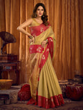 Light Gold Soft Tissue Contrast Border With Zhallar Saree With Blouse Piece
