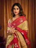Light Gold Soft Tissue Contrast Border With Zhallar Saree With Blouse Piece