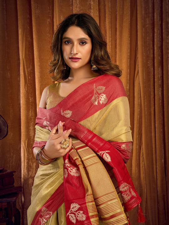 Light Gold Soft Tissue Contrast Border With Zhallar Saree With Blouse Piece
