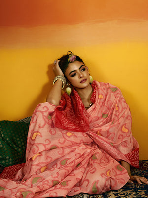 Light Red Cotton Blend Jamdani Saree With Blouse Piece