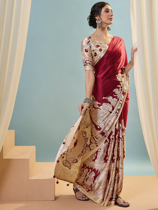 Red Semi Modal Saree With Blouse Piece