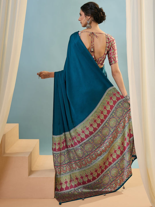 Blue Semi Modal Saree With Blouse Piece