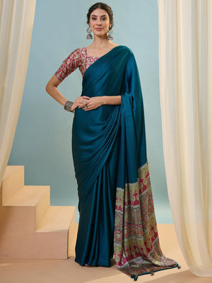 Blue Semi Modal Saree With Blouse Piece