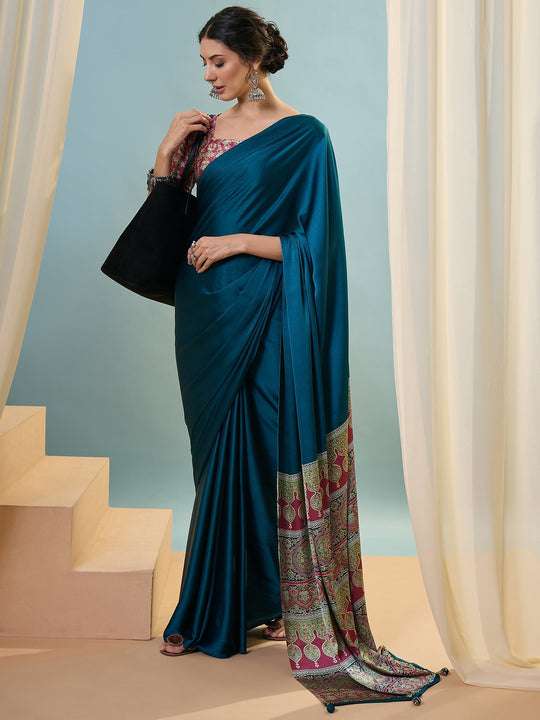 Blue Semi Modal Saree With Blouse Piece