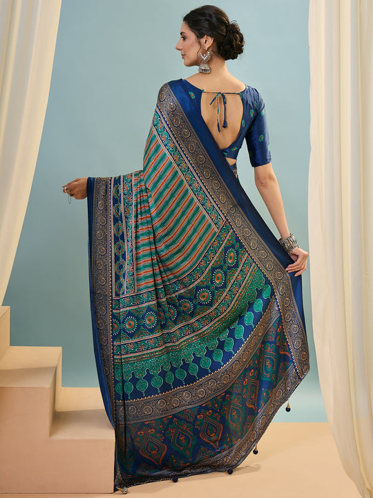 Blue Semi Modal Saree With Blouse Piece
