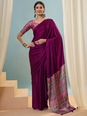 Wine Semi Modal Saree With Blouse Piece