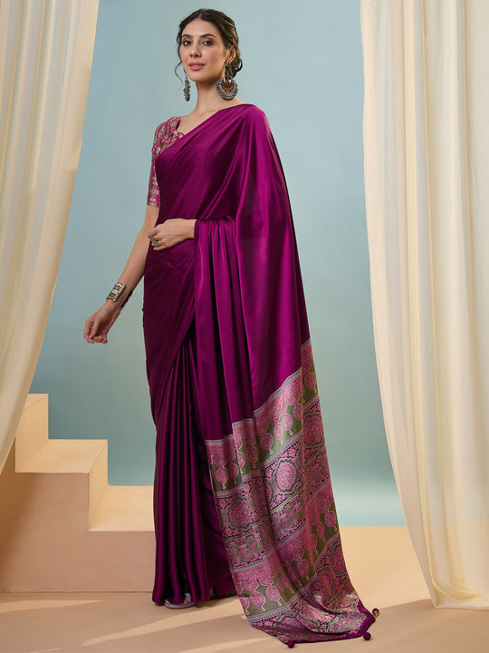 Wine Semi Modal Saree With Blouse Piece