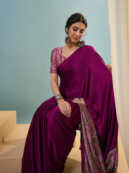 Wine Semi Modal Saree With Blouse Piece