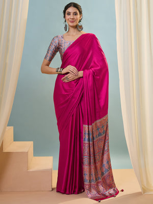 Pink Semi Modal Saree With Blouse Piece