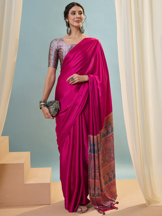 Pink Semi Modal Saree With Blouse Piece