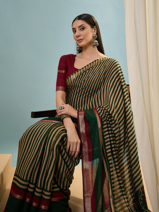 Green Pv Cotton Saree With Blouse Piece