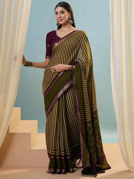 Green Pv Cotton Saree With Blouse Piece