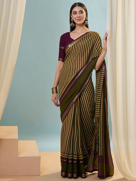 Green Pv Cotton Saree With Blouse Piece