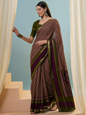 Wine Pv Cotton Saree With Blouse Piece
