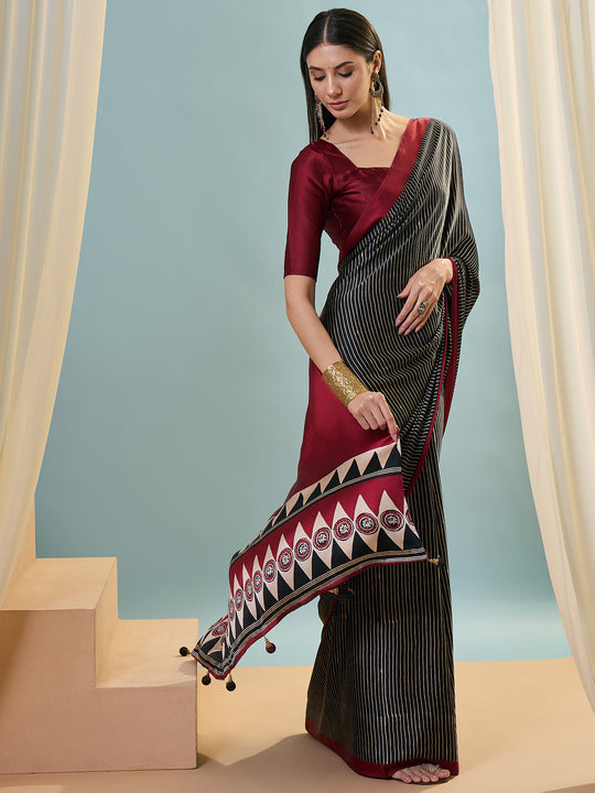 Black Semi Modal Saree With Blouse Piece