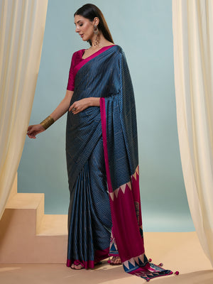 Blue Semi Modal Saree With Blouse Piece