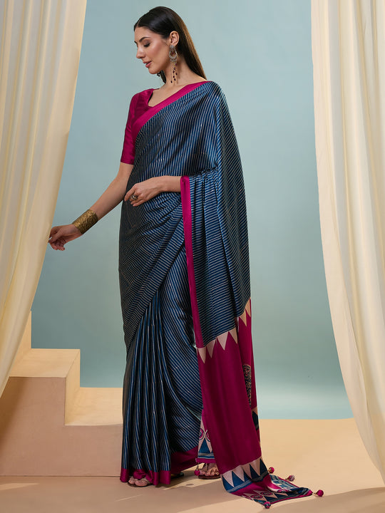 Blue Semi Modal Saree With Blouse Piece