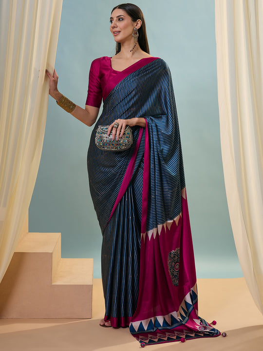Blue Semi Modal Saree With Blouse Piece