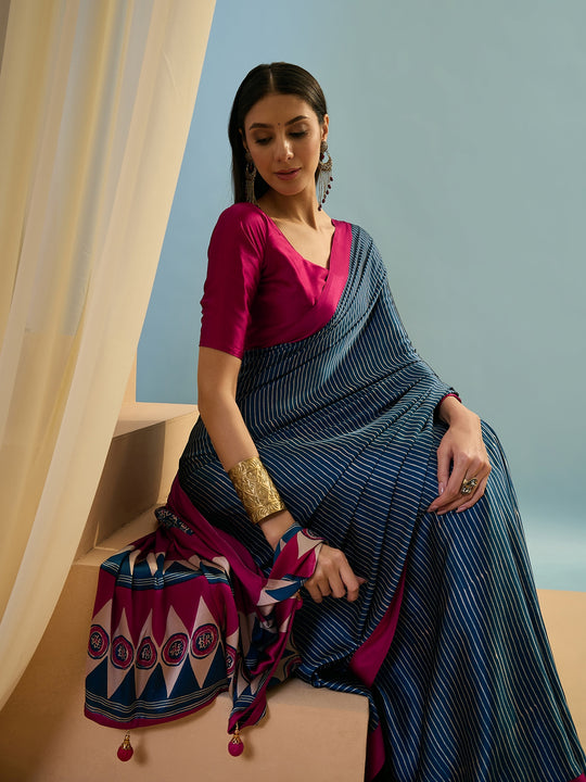 Blue Semi Modal Saree With Blouse Piece
