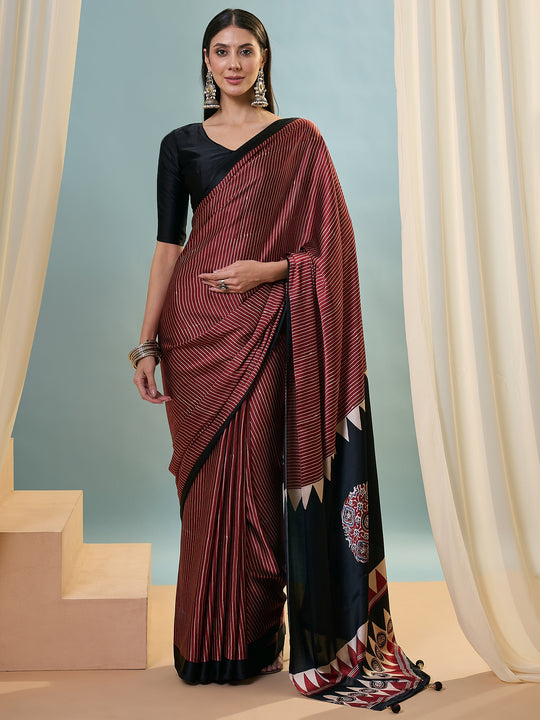 Maroon Semi Modal Saree With Blouse Piece