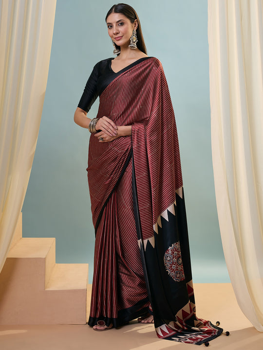 Maroon Semi Modal Saree With Blouse Piece