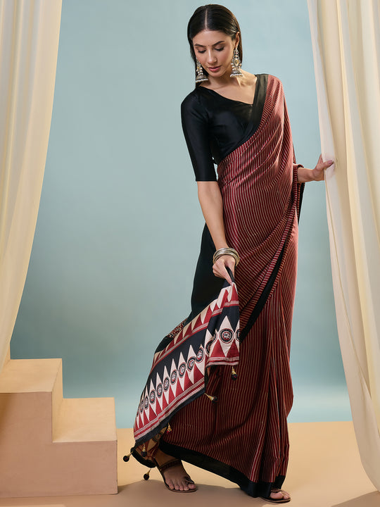 Maroon Semi Modal Saree With Blouse Piece