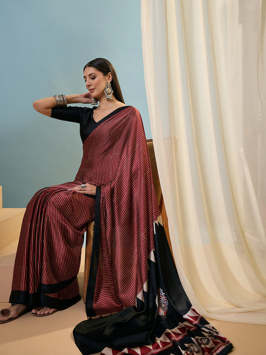 Maroon Semi Modal Saree With Blouse Piece
