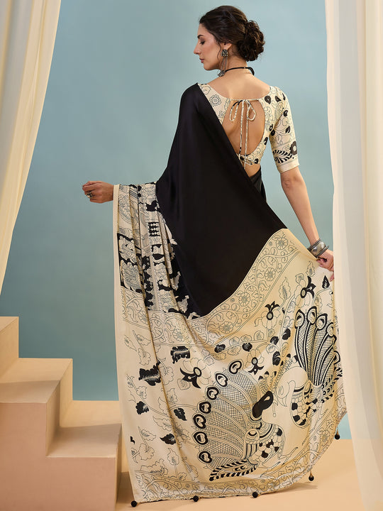 Black Semi Modal Saree With Blouse Piece