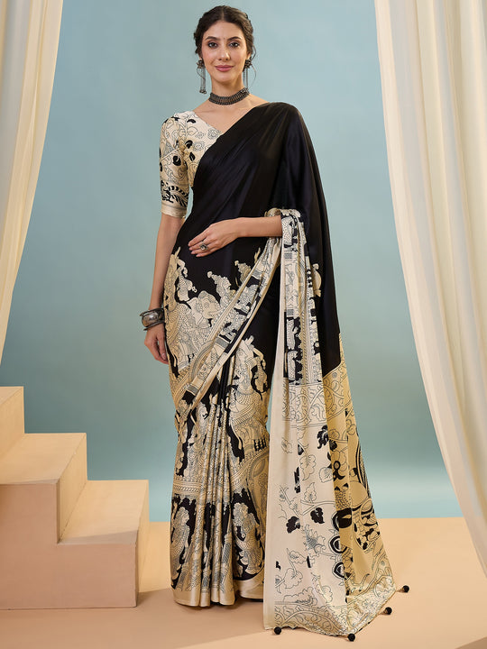 Black Semi Modal Saree With Blouse Piece