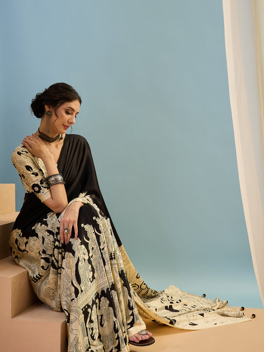 Black Semi Modal Saree With Blouse Piece