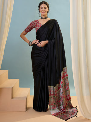 Black Semi Modal Saree With Blouse Piece