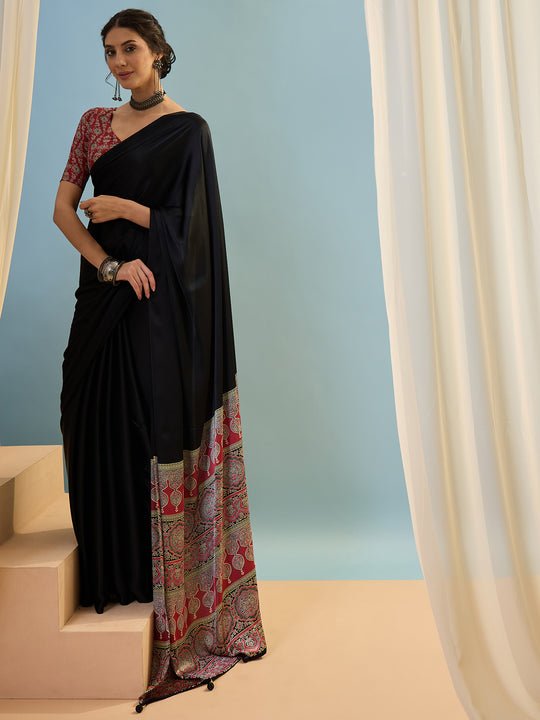 Black Semi Modal Saree With Blouse Piece