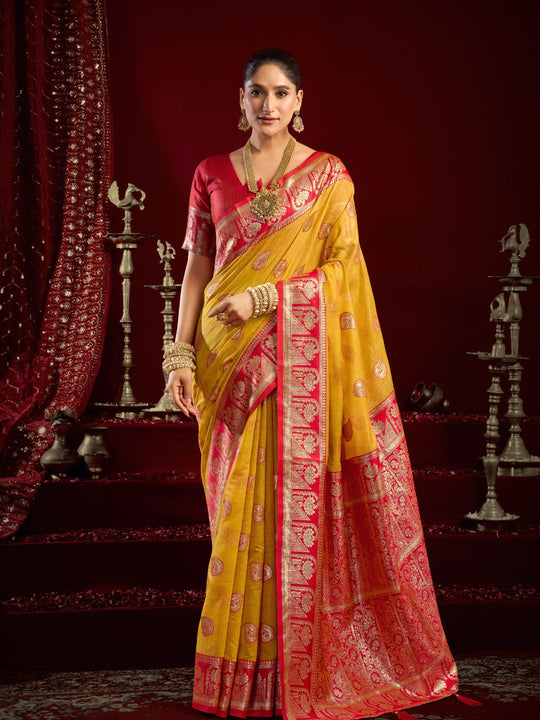 Yellow Soft Silk Fancy Modal Banarasi Jari With Zhallar Saree With Blouse Piece