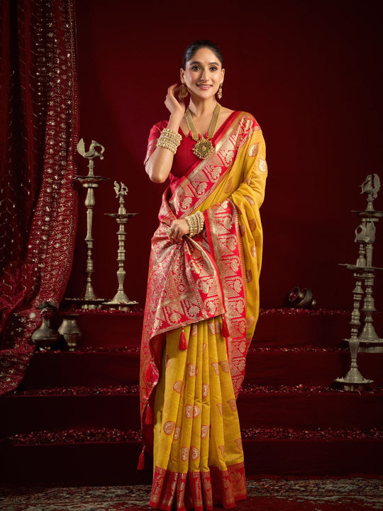 Yellow Soft Silk Fancy Modal Banarasi Jari With Zhallar Saree With Blouse Piece