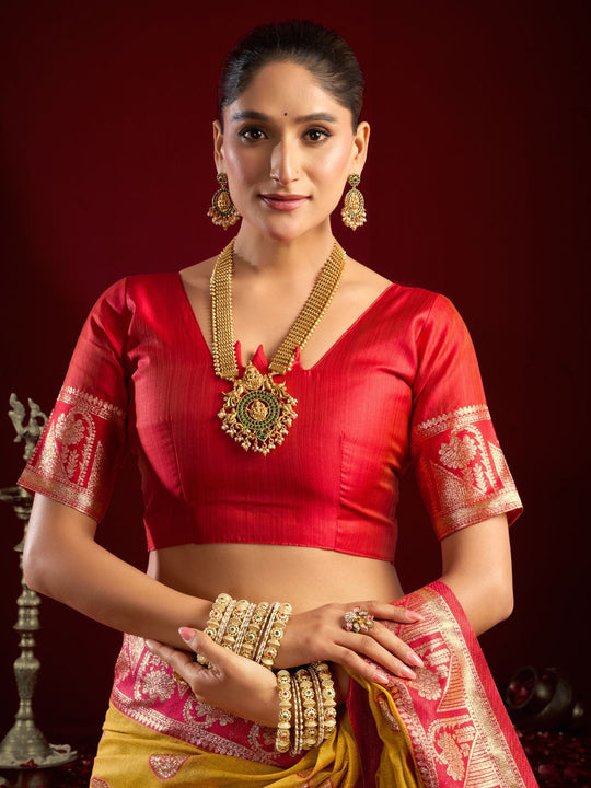 Yellow Soft Silk Fancy Modal Banarasi Jari With Zhallar Saree With Blouse Piece