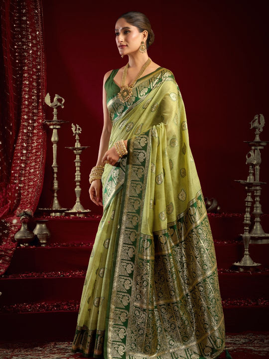 Green Soft Silk Fancy Modal Banarasi Jari With Zhallar Saree With Blouse Piece