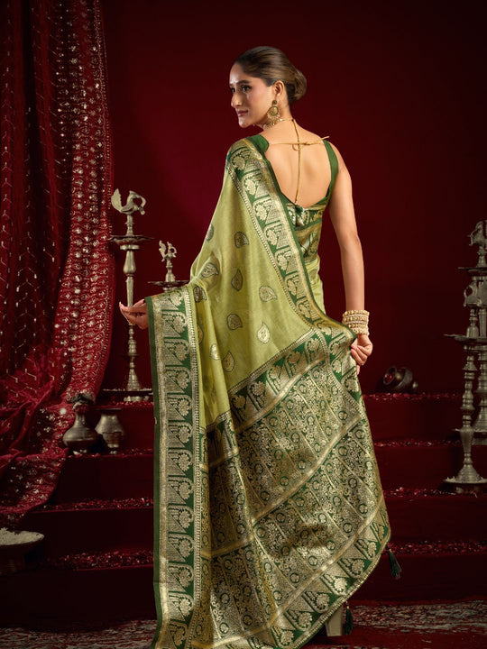 Green Soft Silk Fancy Modal Banarasi Jari With Zhallar Saree With Blouse Piece