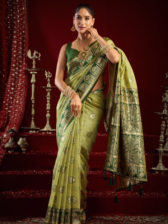 Green Soft Silk Fancy Modal Banarasi Jari With Zhallar Saree With Blouse Piece