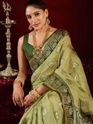 Green Soft Silk Fancy Modal Banarasi Jari With Zhallar Saree With Blouse Piece