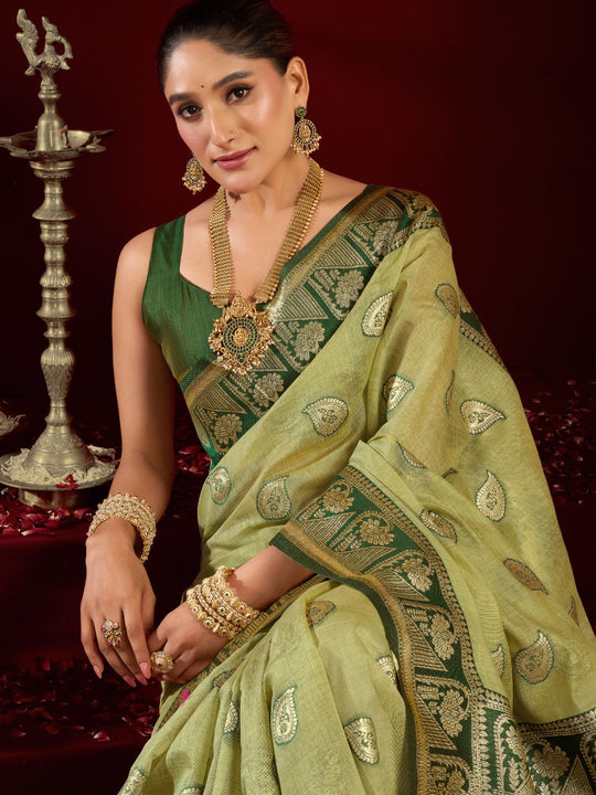 Green Soft Silk Fancy Modal Banarasi Jari With Zhallar Saree With Blouse Piece