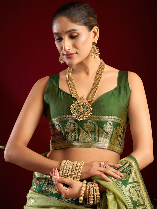 Green Soft Silk Fancy Modal Banarasi Jari With Zhallar Saree With Blouse Piece
