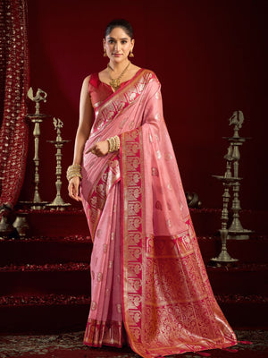 Pink Soft Silk Fancy Modal Banarasi Jari With Zhallar Saree With Blouse Piece
