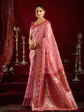 Pink Soft Silk Fancy Modal Banarasi Jari With Zhallar Saree With Blouse Piece