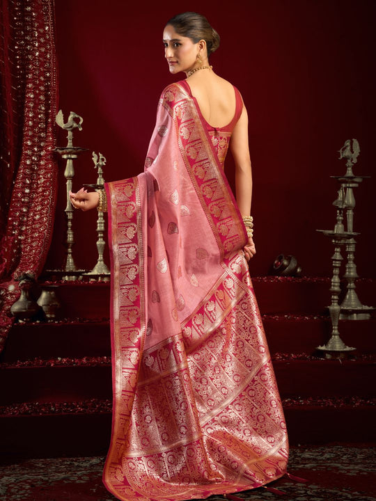 Pink Soft Silk Fancy Modal Banarasi Jari With Zhallar Saree With Blouse Piece